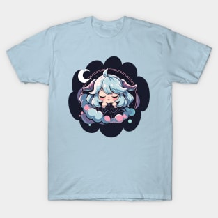 Adorable Anime Chibi Capricorn Zodiac Sleeping Little Astro Girl T-Shirt